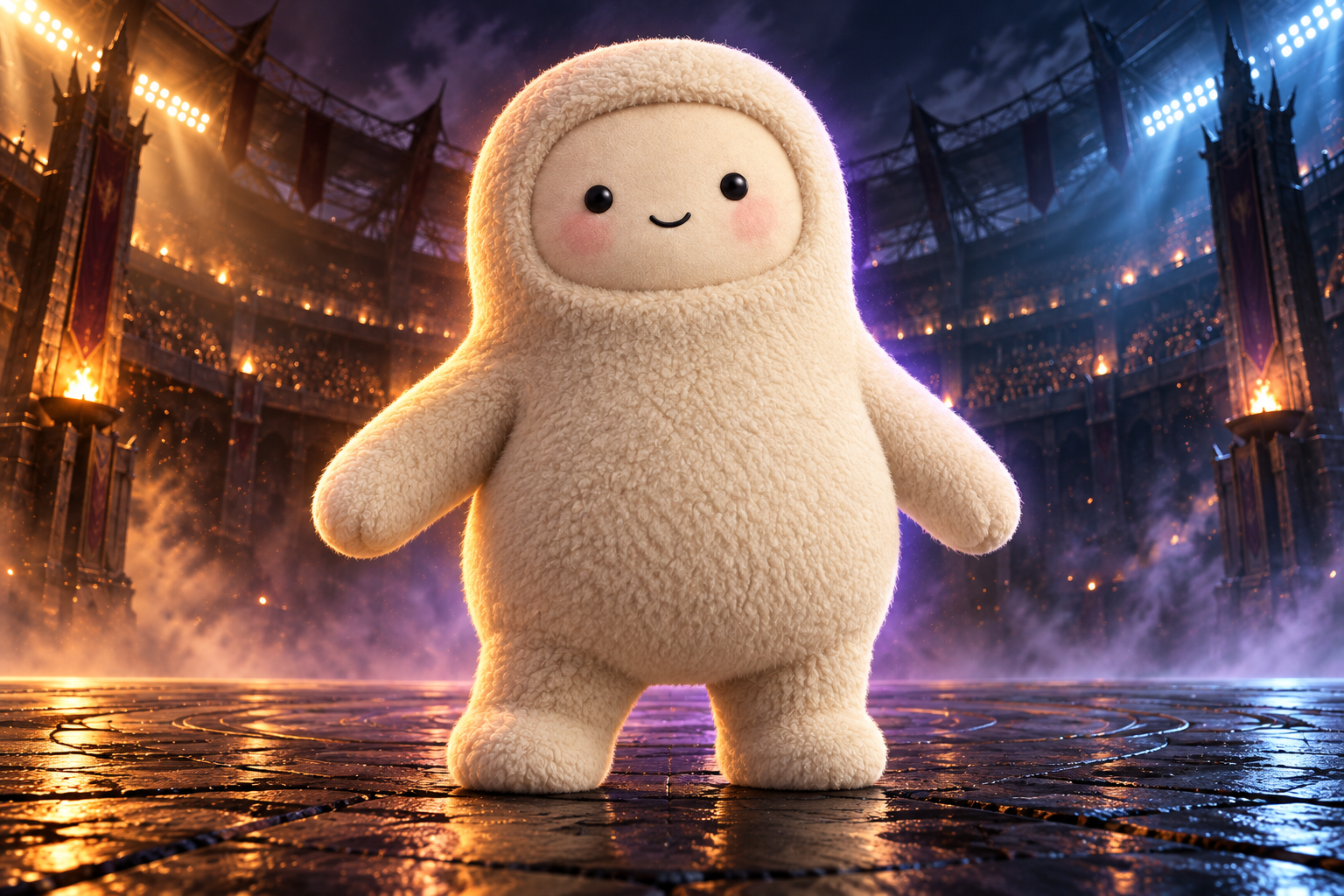 A cream plush Muse standing in the arena